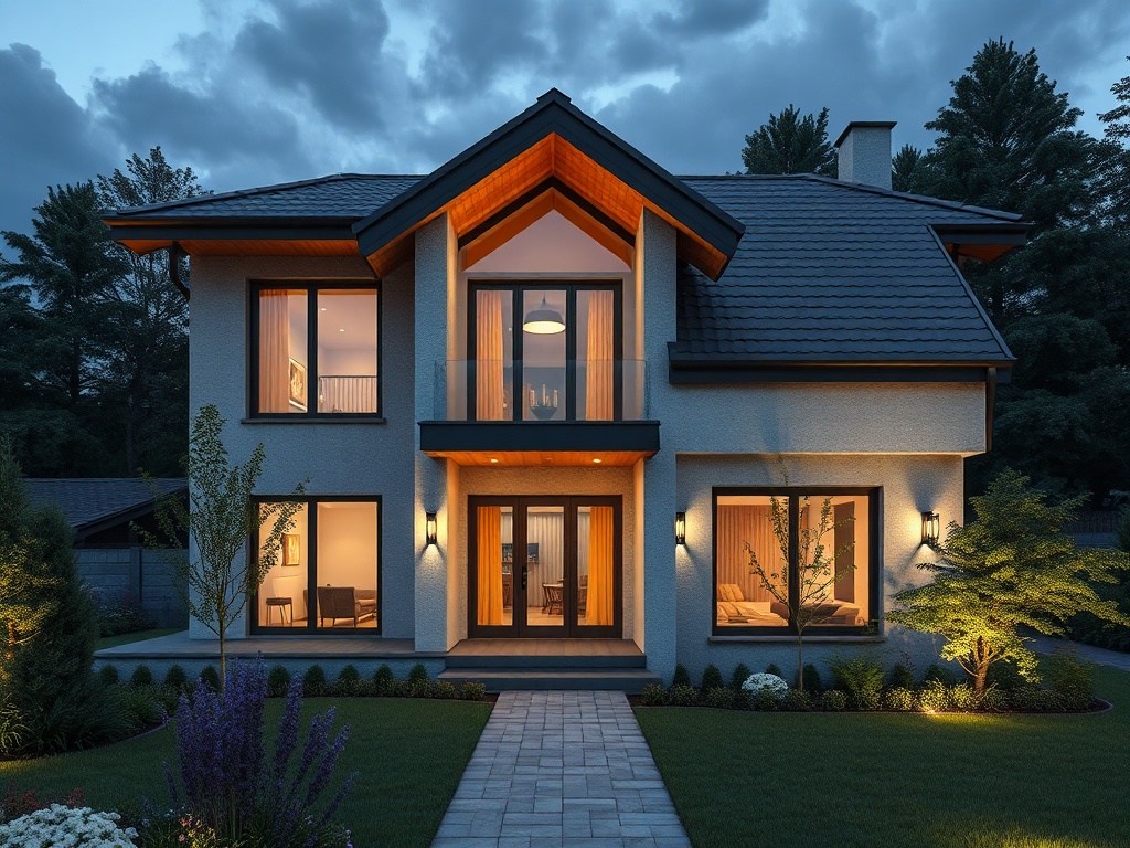 Современный дом с большими окнами и уютным освещением в вечернее время. Красивый ландшафт вокруг.