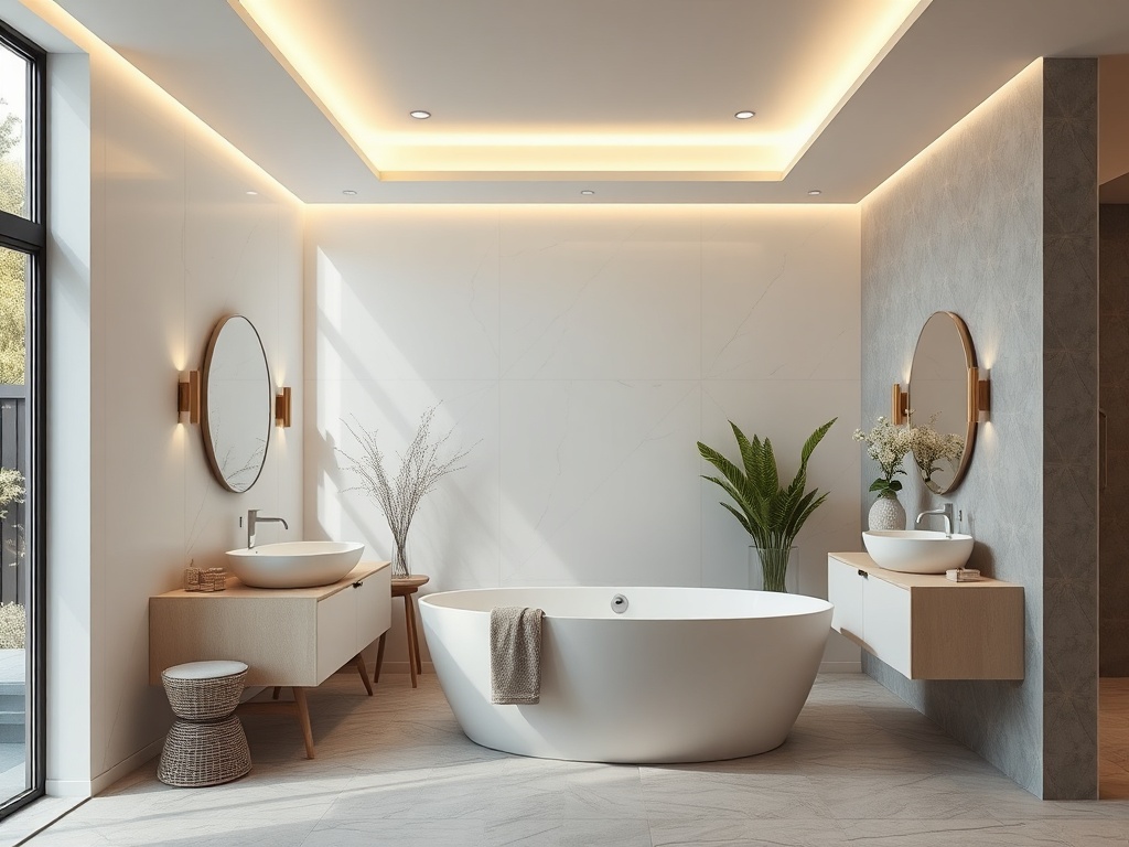 Современная ванная комната с большой ванной, раковинами и зелеными растениями, освещенная теплым светом.