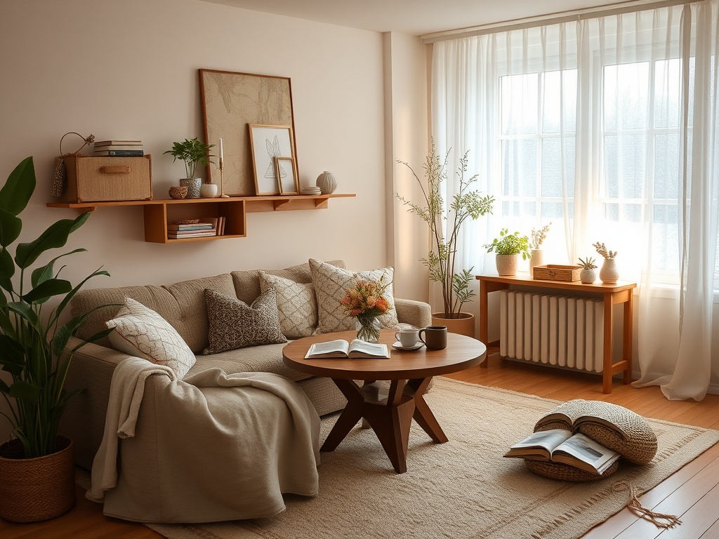 Светлый уютный интерьер гостиной с диваном, столом и растениями у окна. Тёплая атмосфера и стильный декор.