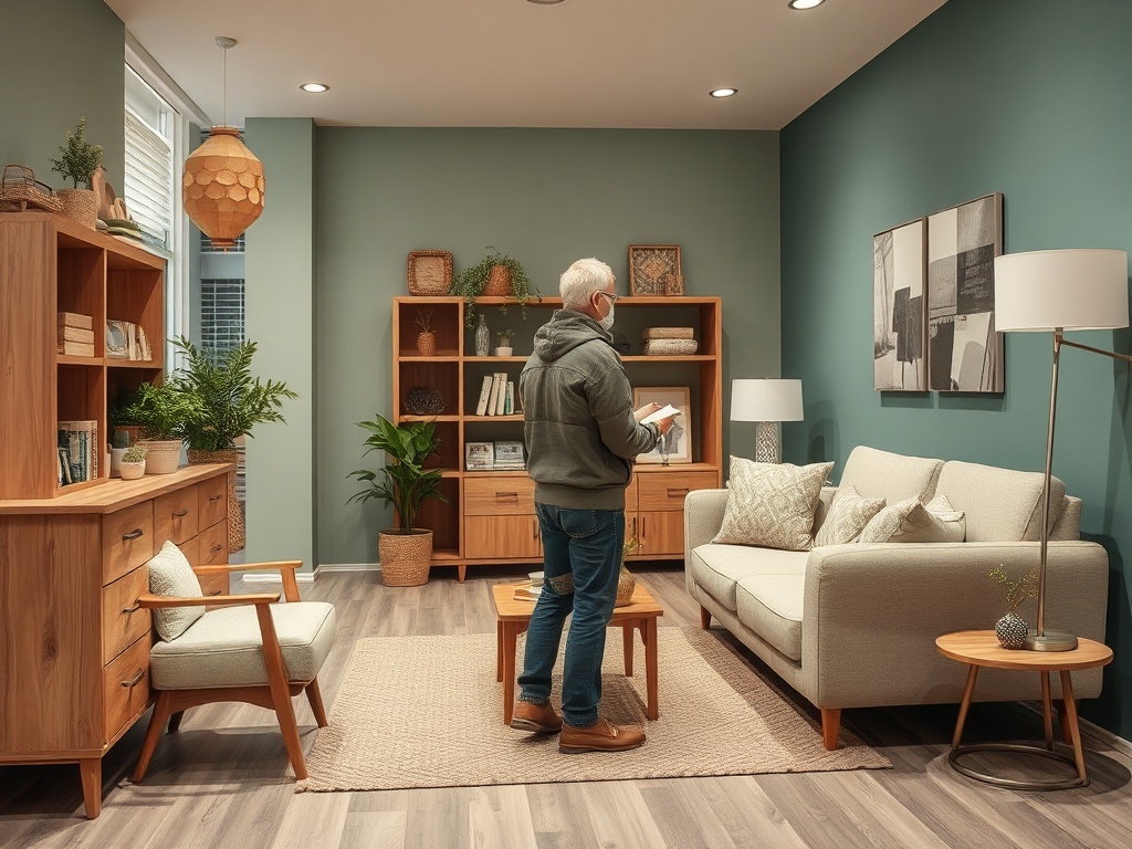 Пожилой человек стоит в уютной комнате с деревянной мебелью и зелеными стенами, читая книгу.