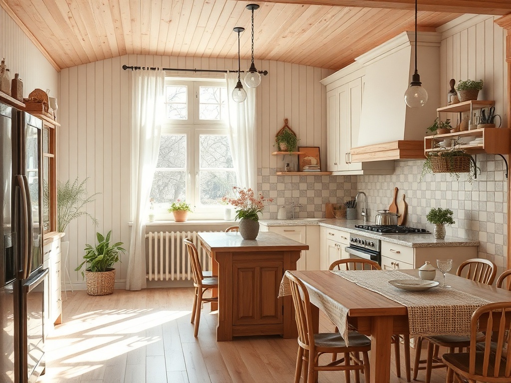 Кухня в светлых тонах с деревянными элементами, столом и стульями, зелеными растениями и большим окном.