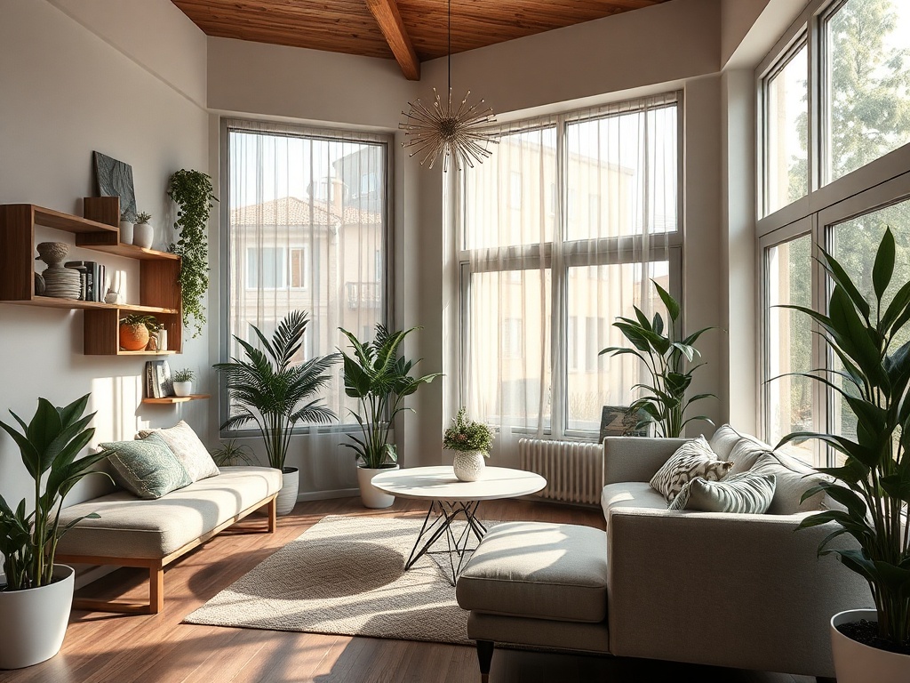 Светлая и уютная гостиная с большими окнами и зелеными растениями, оформленная в современном стиле.
