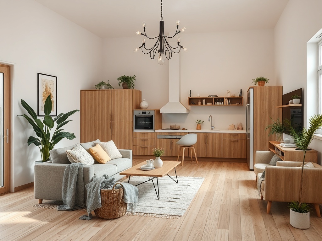 Современная кухня-студия с деревянной мебелью, светлыми стенами и уютной зоной для отдыха.