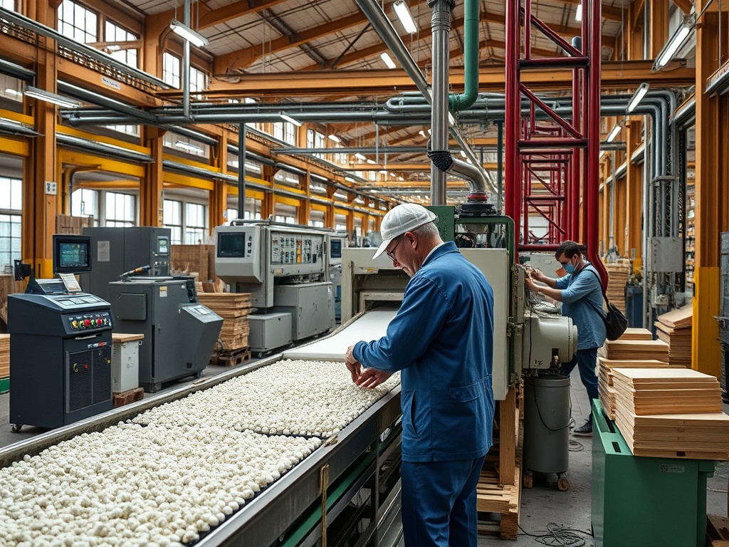 Рабочие на заводе контролируют производство, машины и детали на конвейере в большом помещении.