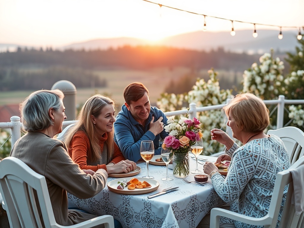 Четыре человека за столом на террасе, закат на фоне, радостная атмосфера и вечерний ужин.