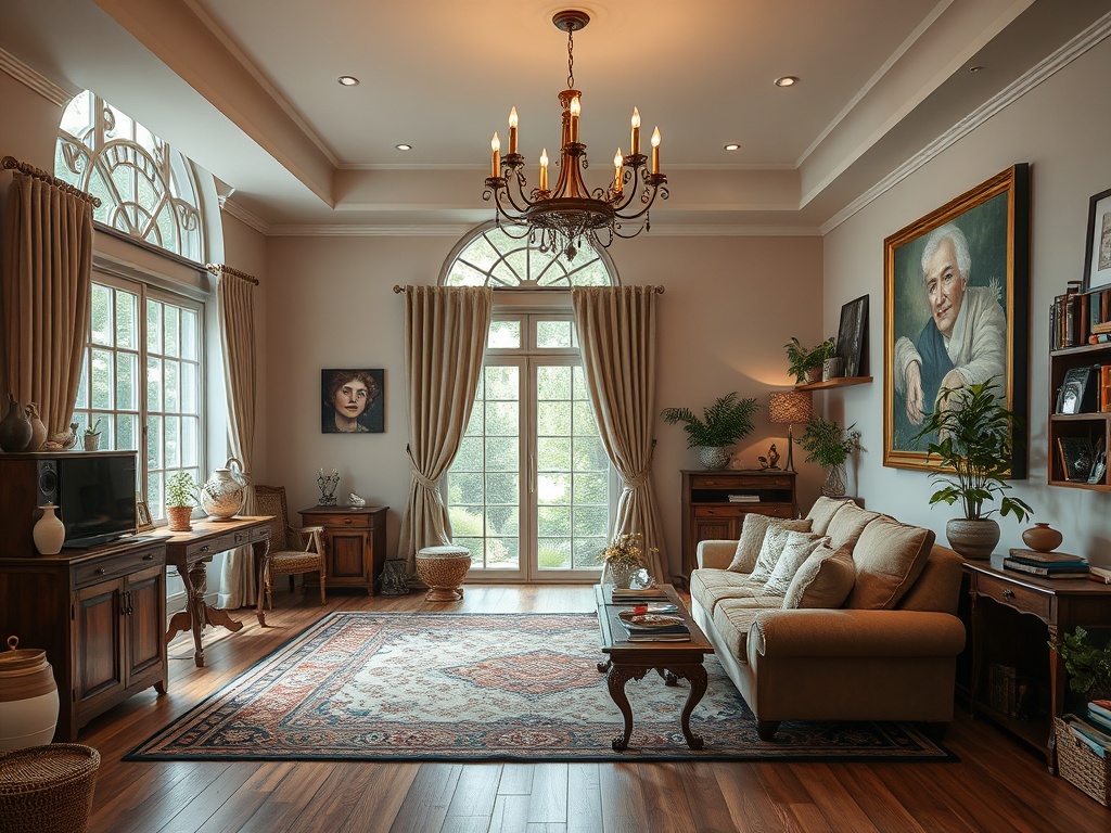 Уютная гостиная с большими окнами, светильником и картинами на стенах. Деревянная мебель и текстиль.