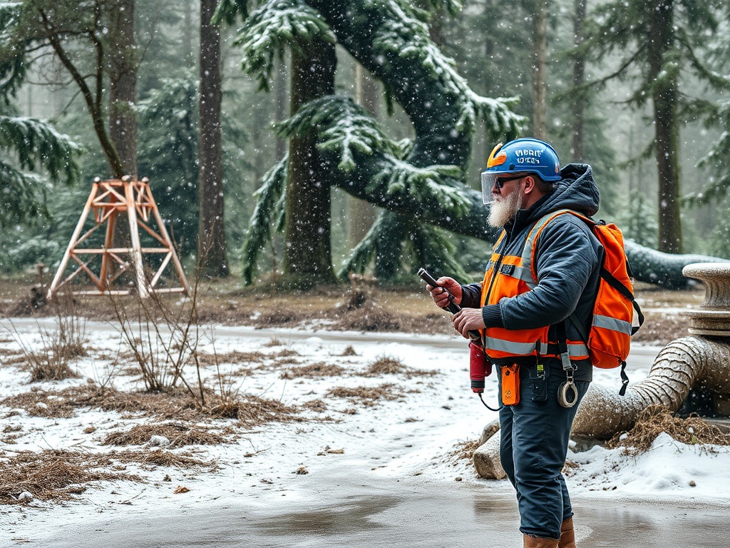 Рабочий в защитной одежде стоит в лесу, используя смартфон под падающим снегом. Деревья и строения на заднем плане.