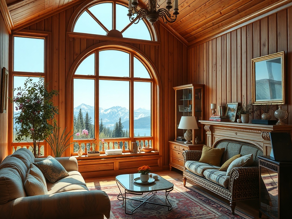 Светлая гостиная с деревянными стенами и большими окнами, открывающими вид на горы и природу.