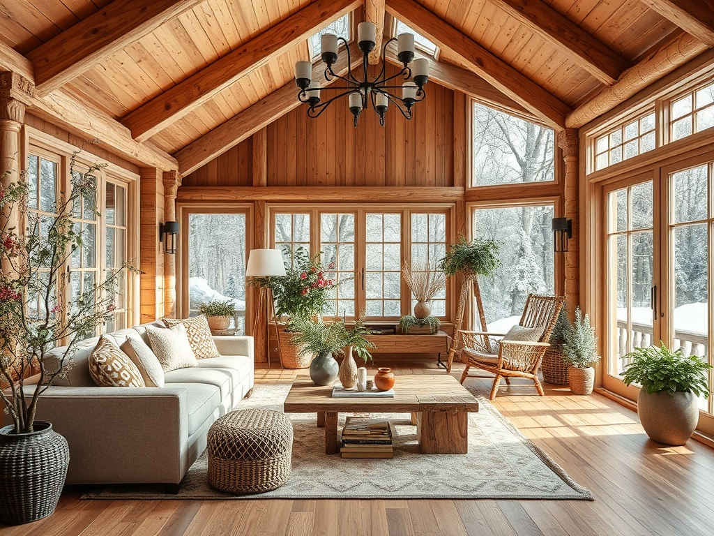 Уютная гостиная с деревянными стенами, большим диваном и окнами, открывающими вид на зимний пейзаж.