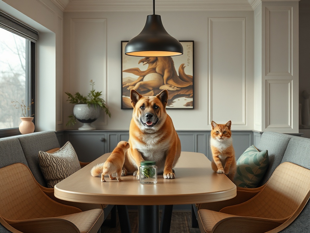 На столе сидят собака и две кошки, окруженные уютной обстановкой в домашнем интерьере.