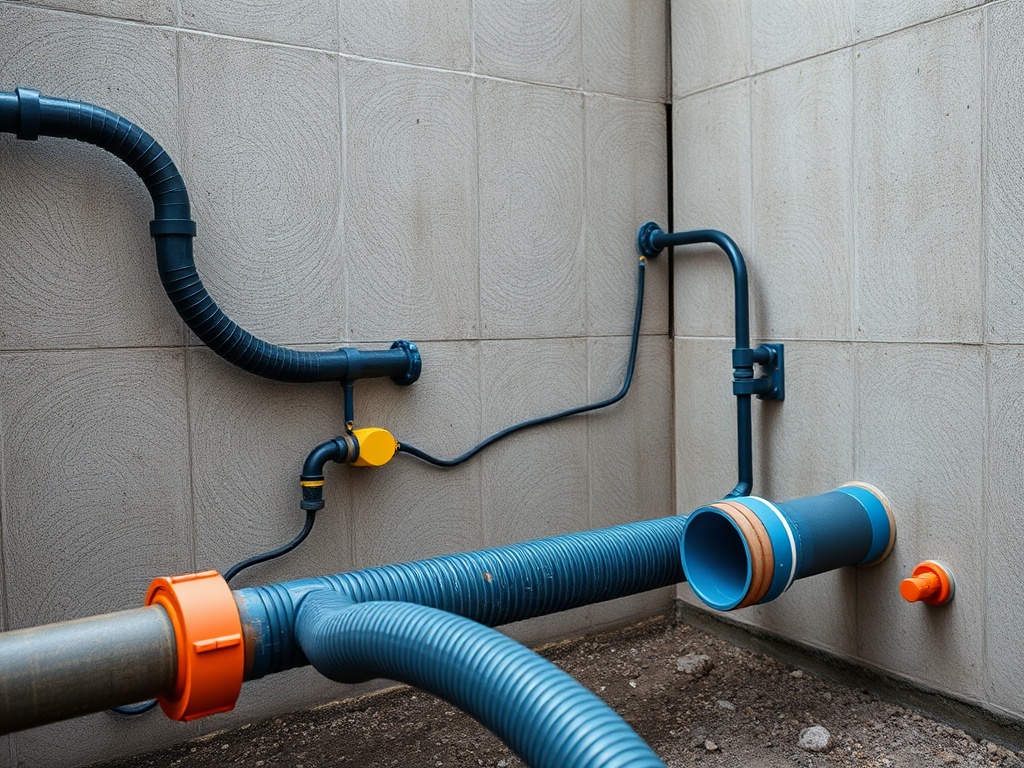 Трубы и соединения на стене в конструкции, выполненной с использованием современных материалов.