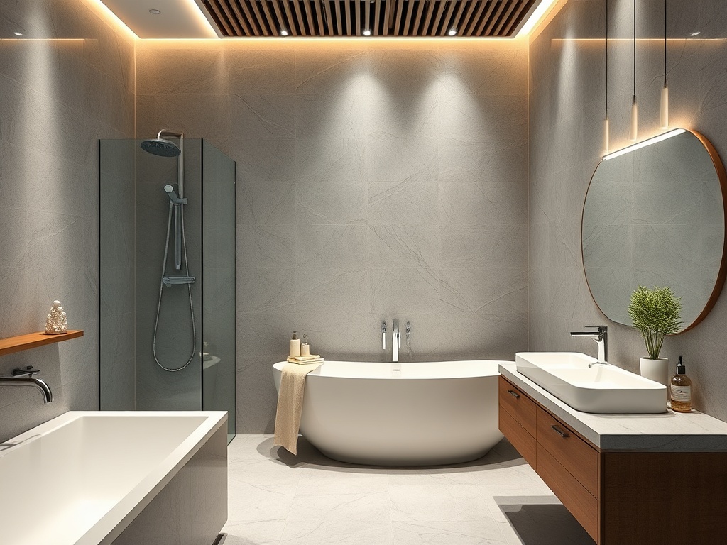 Современная ванная комната с душевой, ванной, зеркалом и деревянной мебелью, освещенная теплым светом.