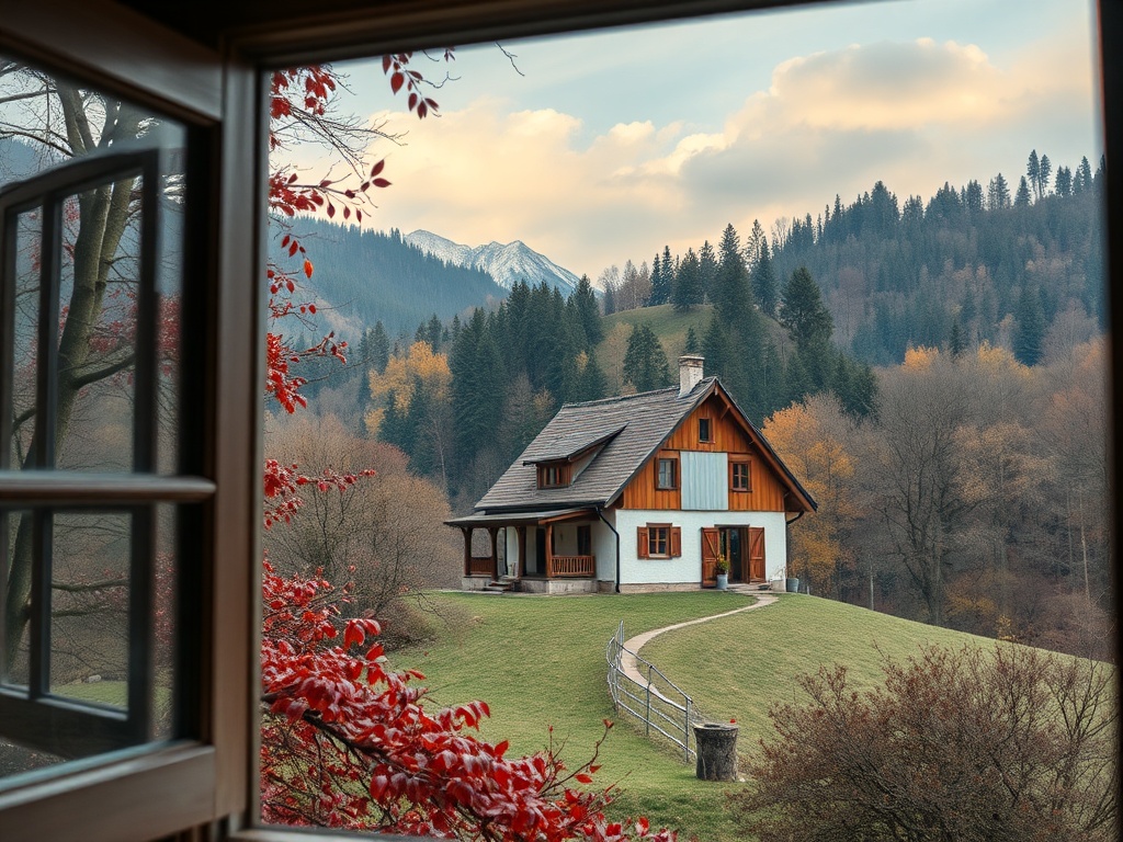 Вид из окна на уютный домик, окруженный горами и осенними деревьями с красными листьями.