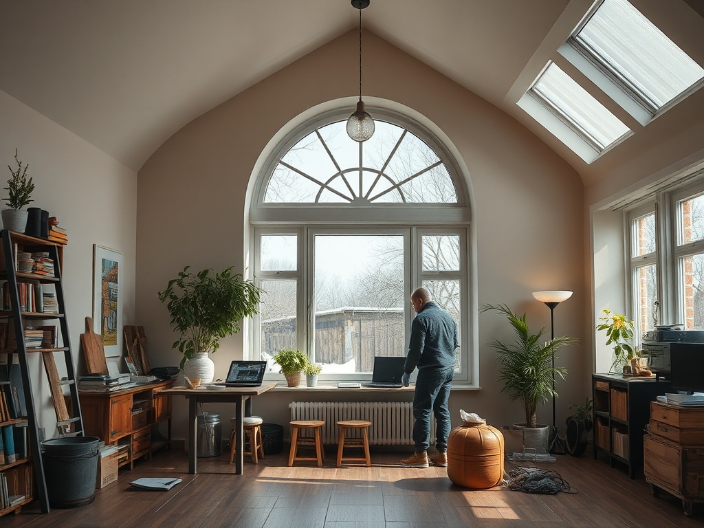 Уютный домашний офис с большим окном, растениями и человек смотрит на экран ноутбука.