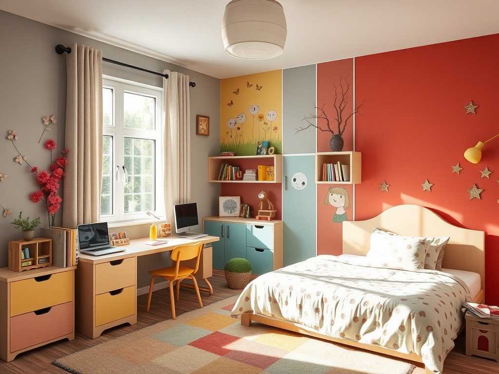 Яркая детская комната с кроватью, рабочим столом и красивым декором на стенах. Уютная атмосфера и светлое пространство.