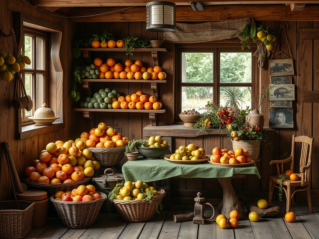 Внутри деревянного помещения много фруктов: апельсины, лимоны и груши, а также украшения из зелени.