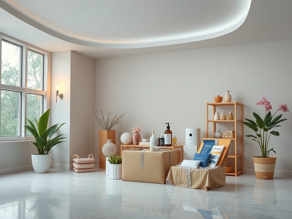 Современный интерьер с коробками, растениями и полкой, создающий уютную атмосферу.