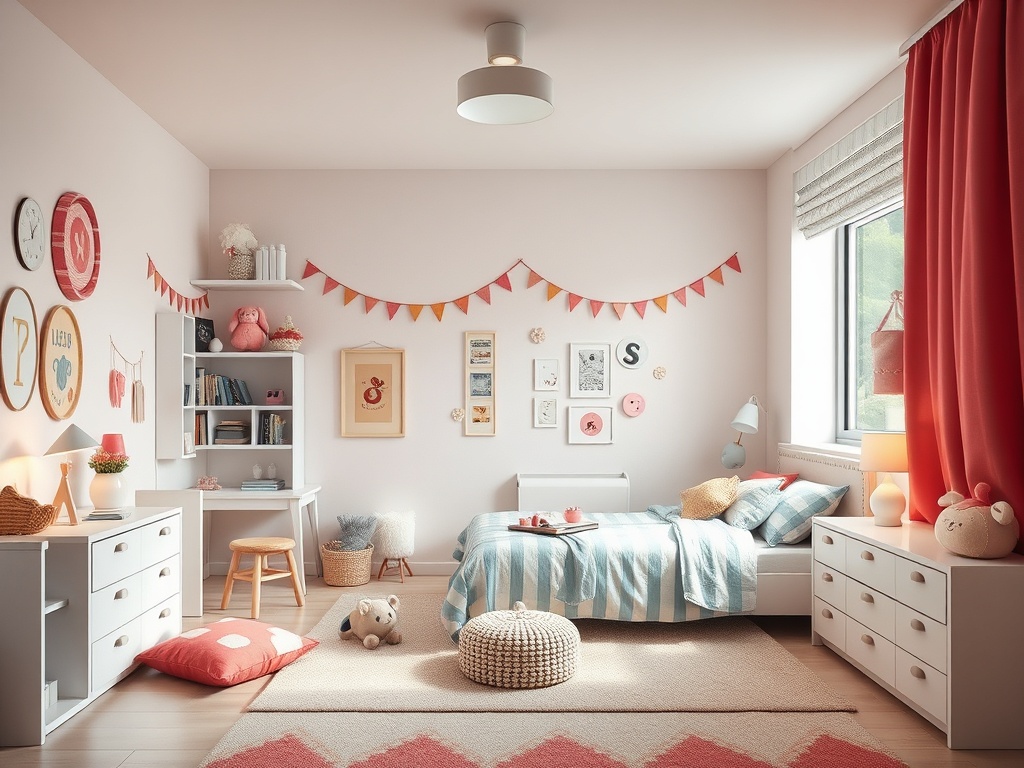 Комната для ребенка с белой мебелью, пастельными тонами и декоративными элементами на стенах.
