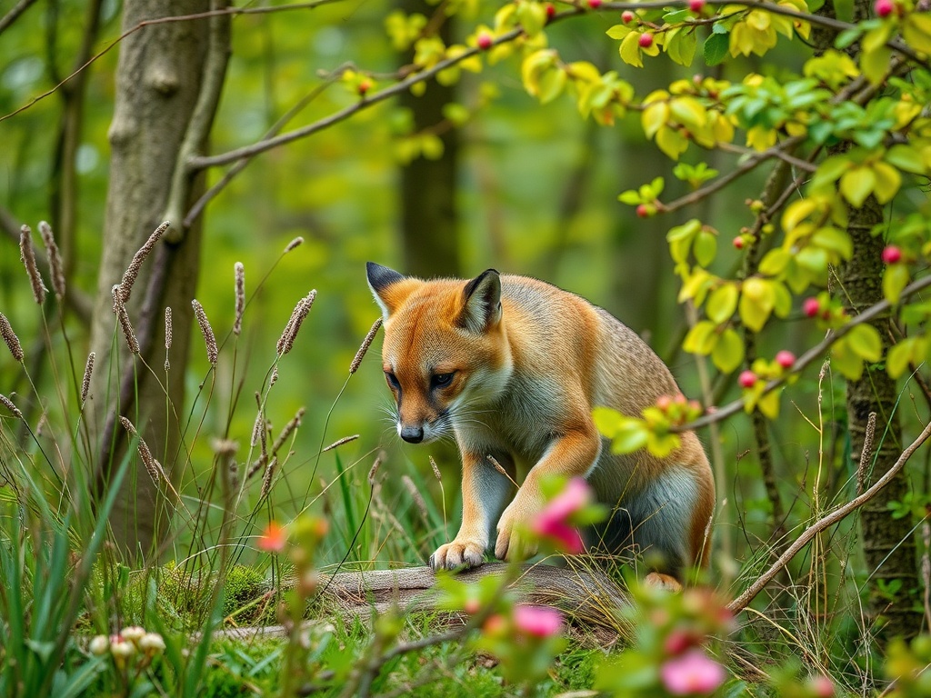 Лиса сидит на бревне в лесу, окруженная зелеными растениями и цветущими кустами.