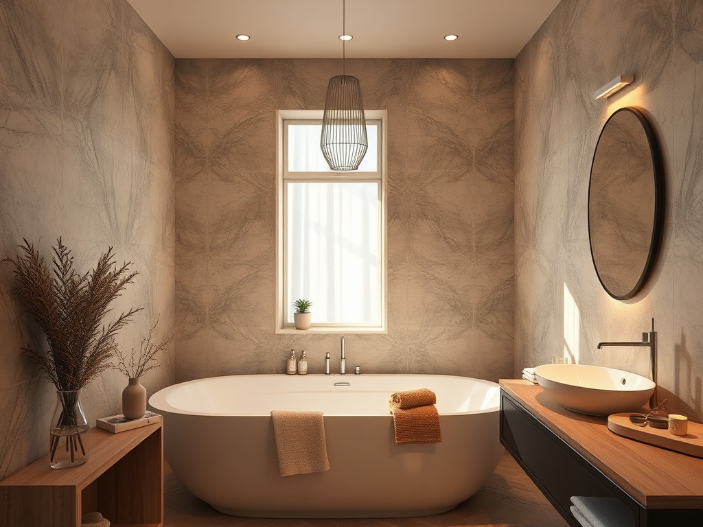 Современная ванная комната с круглой ванной, раковиной и большим окном, оформленная в нейтральных тонах.