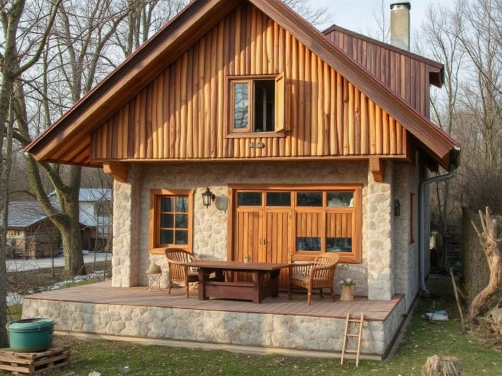 Деревянный дом с каменной основой, верандой и столом на фоне леса в солнечный день.